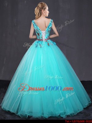 Free and Easy Appliques and Belt Sweet 16 Dresses Aqua Blue Lace Up Sleeveless Floor Length