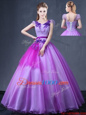 Purple Short Sleeves Organza Lace Up Quinceanera Dress for Military Ball and Sweet 16 and Quinceanera