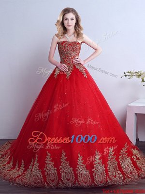 Pretty Red Strapless Neckline Appliques and Sequins 15th Birthday Dress Sleeveless Lace Up