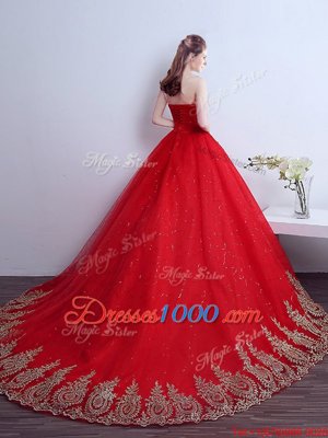 Pretty Red Strapless Neckline Appliques and Sequins 15th Birthday Dress Sleeveless Lace Up
