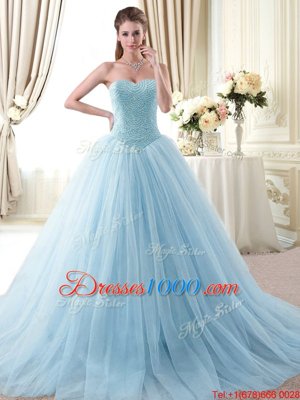 Suitable Sleeveless Floor Length Beading Lace Up Vestidos de Quinceanera with Light Blue