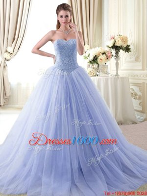 Suitable Sleeveless Floor Length Beading Lace Up Vestidos de Quinceanera with Light Blue