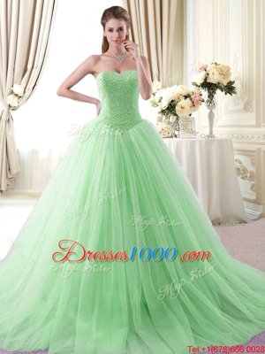 Cheap Apple Green Ball Gowns Tulle Sweetheart Sleeveless Beading With Train Lace Up 15 Quinceanera Dress Brush Train