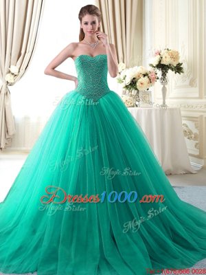 Cheap Apple Green Ball Gowns Tulle Sweetheart Sleeveless Beading With Train Lace Up 15 Quinceanera Dress Brush Train