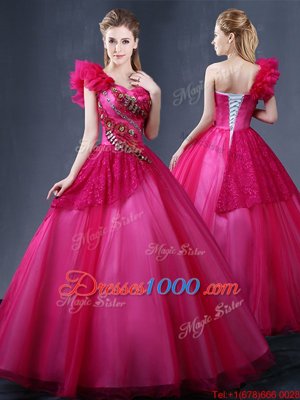 Fuchsia Sweet 16 Quinceanera Dress Military Ball and Sweet 16 and Quinceanera and For with Lace and Appliques and Ruffles One Shoulder Sleeveless Lace Up