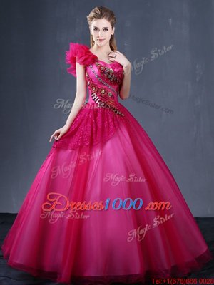 Fuchsia Sweet 16 Quinceanera Dress Military Ball and Sweet 16 and Quinceanera and For with Lace and Appliques and Ruffles One Shoulder Sleeveless Lace Up