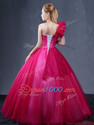 Fuchsia Sweet 16 Quinceanera Dress Military Ball and Sweet 16 and Quinceanera and For with Lace and Appliques and Ruffles One Shoulder Sleeveless Lace Up