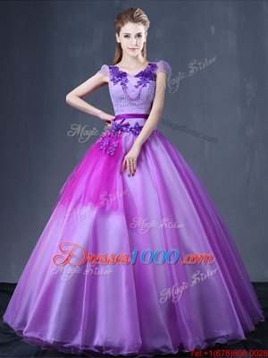 Latest Lace and Appliques Sweet 16 Dress Lavender Lace Up Short Sleeves Floor Length