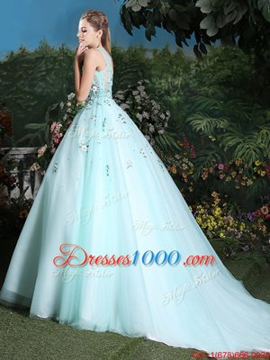 Delicate Scoop Light Blue Sleeveless Tulle Brush Train Lace Up Quinceanera Dress for Military Ball and Sweet 16 and Quinceanera