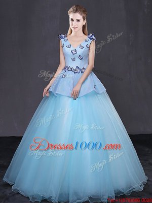 Cute Floor Length Ball Gowns Sleeveless Light Blue Vestidos de Quinceanera Lace Up