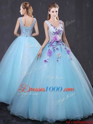 Attractive Sleeveless Lace Up Floor Length Lace and Appliques Vestidos de Quinceanera
