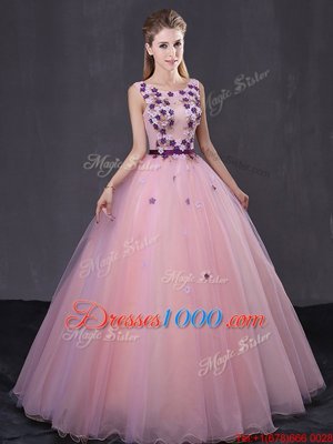 High End Scoop Baby Pink Ball Gowns Appliques 15 Quinceanera Dress Lace Up Tulle Sleeveless Floor Length