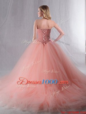 Rose Pink Quinceanera Gown Military Ball and Sweet 16 and Quinceanera and For with Beading Sweetheart Sleeveless Brush Train Lace Up