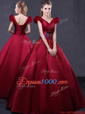 Cap Sleeves Floor Length Appliques Lace Up Quince Ball Gowns with Wine Red