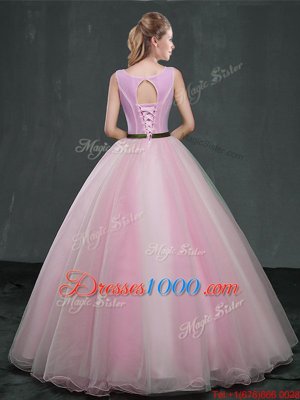 Scoop Sleeveless Lace Up Quinceanera Dresses Pink Organza