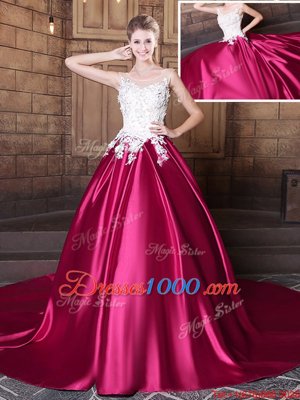 Scoop Sleeveless Elastic Woven Satin Quince Ball Gowns Lace and Appliques Court Train Lace Up