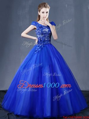 Royal Blue Lace Up Sweet 16 Dresses Lace and Appliques Short Sleeves Floor Length