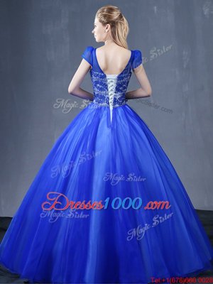 Royal Blue Lace Up Sweet 16 Dresses Lace and Appliques Short Sleeves Floor Length