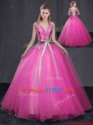 Hot Pink Lace Up Quince Ball Gowns Appliques and Belt Sleeveless Floor Length