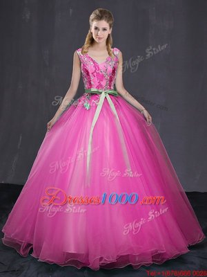 Hot Pink Lace Up Quince Ball Gowns Appliques and Belt Sleeveless Floor Length