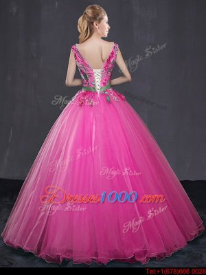 Hot Pink Lace Up Quince Ball Gowns Appliques and Belt Sleeveless Floor Length