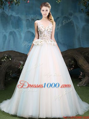 Fabulous White Sleeveless Tulle Brush Train Lace Up Sweet 16 Dresses for Military Ball and Sweet 16 and Quinceanera