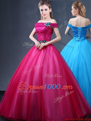 Classical Tulle Off The Shoulder Sleeveless Lace Up Beading and Appliques Vestidos de Quinceanera in Fuchsia
