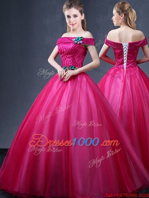 Classical Tulle Off The Shoulder Sleeveless Lace Up Beading and Appliques Vestidos de Quinceanera in Fuchsia