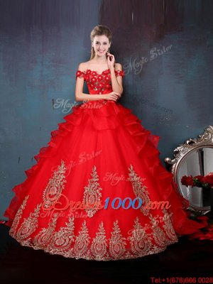 Off the Shoulder Sleeveless Tulle Floor Length Lace Up 15th Birthday Dress in Red for with Beading and Appliques and Ruffles