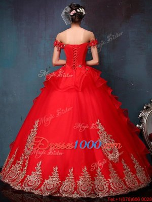 Off the Shoulder Sleeveless Tulle Floor Length Lace Up 15th Birthday Dress in Red for with Beading and Appliques and Ruffles