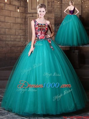 Ball Gowns 15 Quinceanera Dress Teal One Shoulder Tulle Sleeveless Floor Length Lace Up