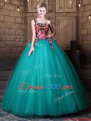 Ball Gowns 15 Quinceanera Dress Teal One Shoulder Tulle Sleeveless Floor Length Lace Up