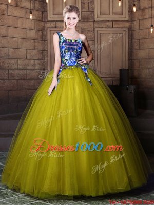 Exceptional Olive Green Tulle Lace Up One Shoulder Sleeveless Floor Length Ball Gown Prom Dress Pattern