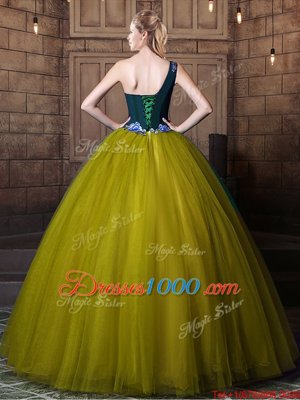 Exceptional Olive Green Tulle Lace Up One Shoulder Sleeveless Floor Length Ball Gown Prom Dress Pattern