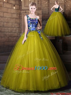 Exceptional Olive Green Tulle Lace Up One Shoulder Sleeveless Floor Length Ball Gown Prom Dress Pattern