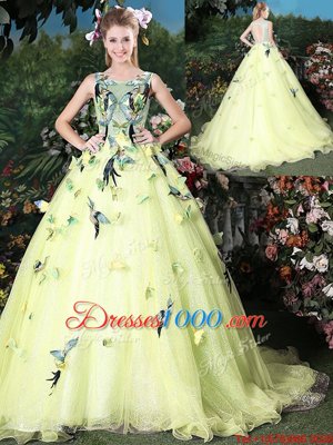 Glamorous Organza Scoop Sleeveless Brush Train Zipper Appliques Quinceanera Gowns in Light Yellow