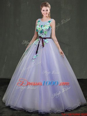 Scoop Lavender Sleeveless Organza Lace Up Quinceanera Dress for Military Ball and Sweet 16 and Quinceanera