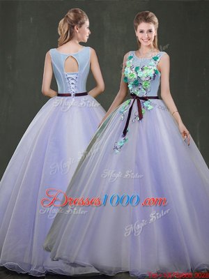 Scoop Lavender Sleeveless Organza Lace Up Quinceanera Dress for Military Ball and Sweet 16 and Quinceanera