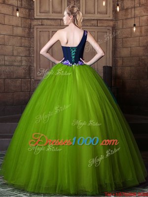 Fine One Shoulder Pattern 15th Birthday Dress Olive Green Lace Up Sleeveless Floor Length