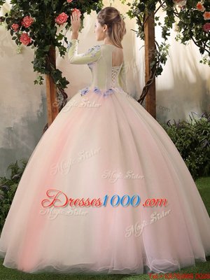 On Sale Scoop Peach Lace Up 15 Quinceanera Dress Appliques Long Sleeves Floor Length