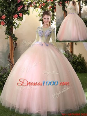 On Sale Scoop Peach Lace Up 15 Quinceanera Dress Appliques Long Sleeves Floor Length