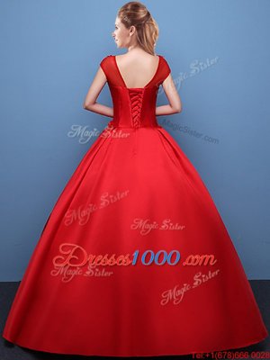 Popular Scoop Cap Sleeves Lace Up Floor Length Appliques Quinceanera Dress