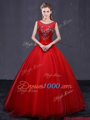 Scoop Red Lace Up Sweet 16 Dress Beading and Embroidery Sleeveless Floor Length