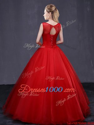 Scoop Red Lace Up Sweet 16 Dress Beading and Embroidery Sleeveless Floor Length