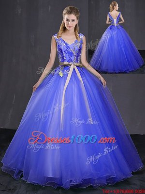Captivating V-neck Sleeveless Tulle 15th Birthday Dress Appliques and Belt Lace Up