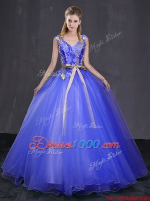 Captivating V-neck Sleeveless Tulle 15th Birthday Dress Appliques and Belt Lace Up