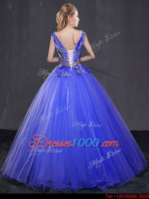 Captivating V-neck Sleeveless Tulle 15th Birthday Dress Appliques and Belt Lace Up