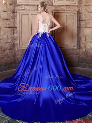 Stylish Scoop Royal Blue Sleeveless Court Train Appliques With Train Ball Gown Prom Dress