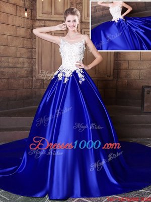 Stylish Scoop Royal Blue Sleeveless Court Train Appliques With Train Ball Gown Prom Dress