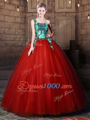Deluxe One Shoulder Rust Red Sleeveless Tulle Lace Up 15th Birthday Dress for Military Ball and Sweet 16 and Quinceanera